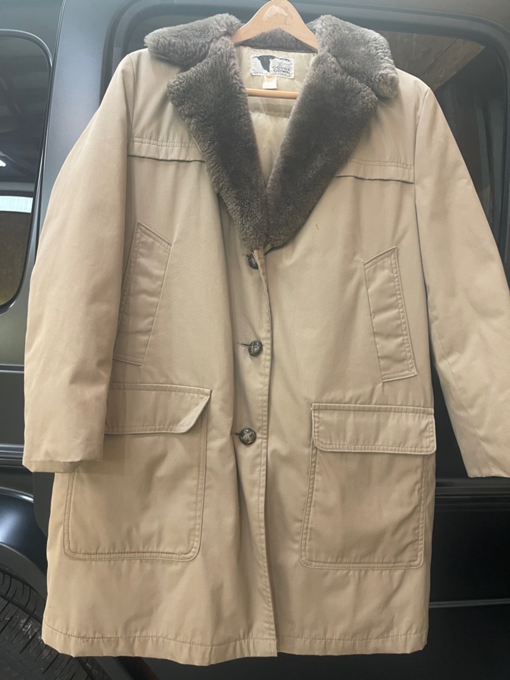 Orvis Goose Down Jacket in Cream with Brown Fur Trim
